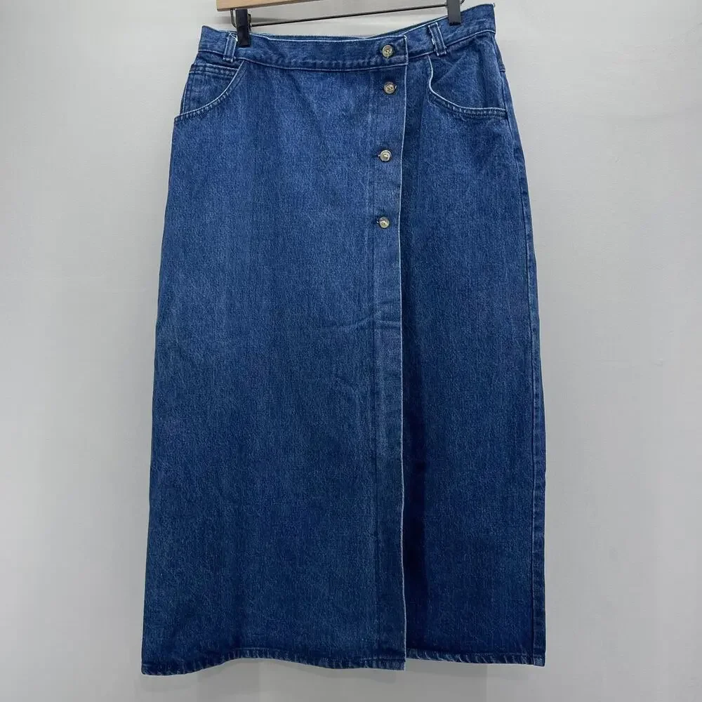 VTG Modern Essentials Long Denim Wrap Skirt Womens 16 Cottagecore 90s‎ Grandma